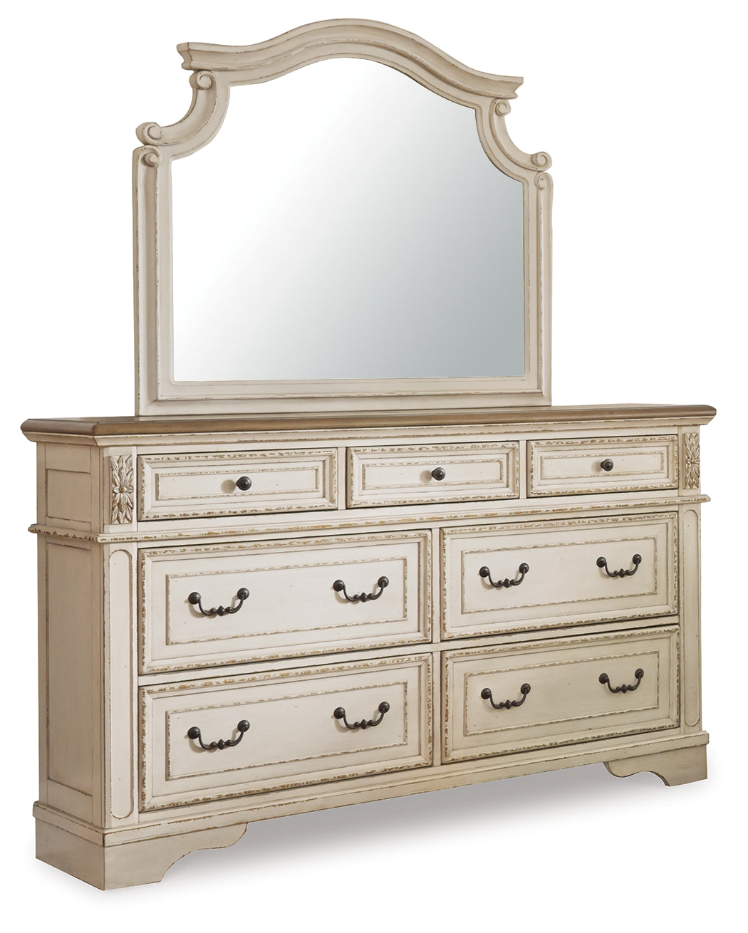 Realyn Queen Upholstered Panel Bed, Dresser, Mirror and 2 Nightstands