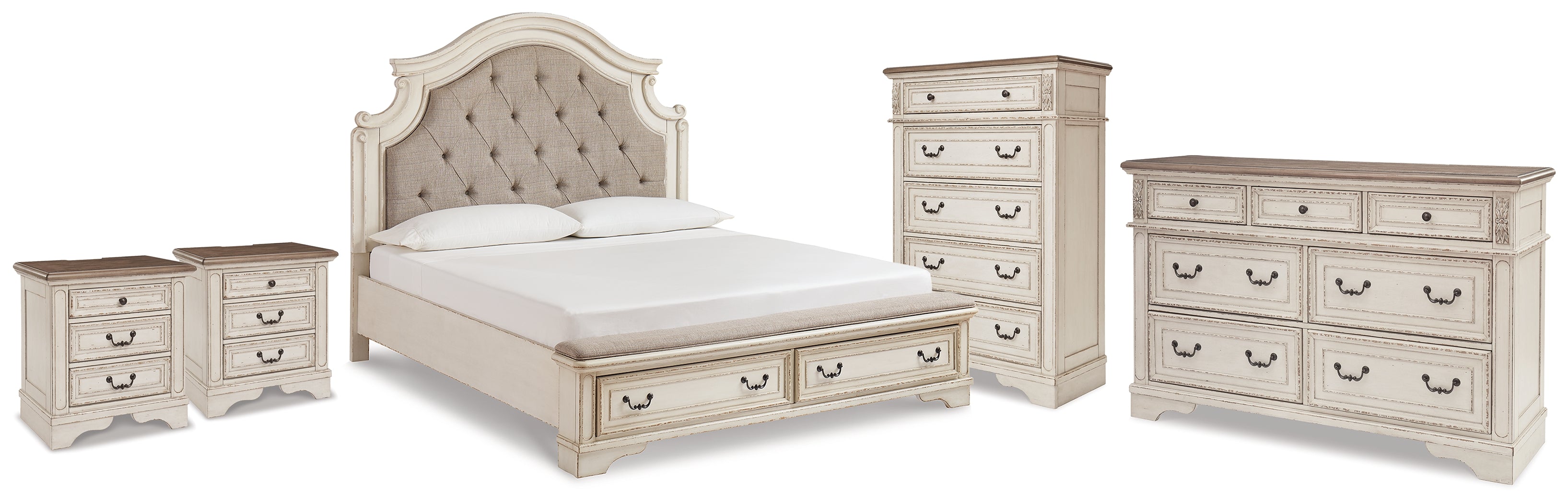 Realyn King Storage Bed, Dresser, Chest and 2 Nightstands