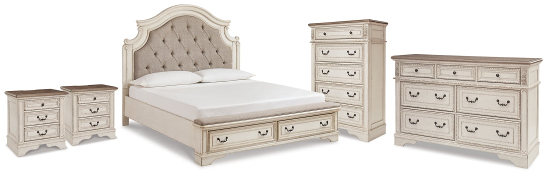 Realyn King Storage Bed, Dresser, Chest and 2 Nightstands