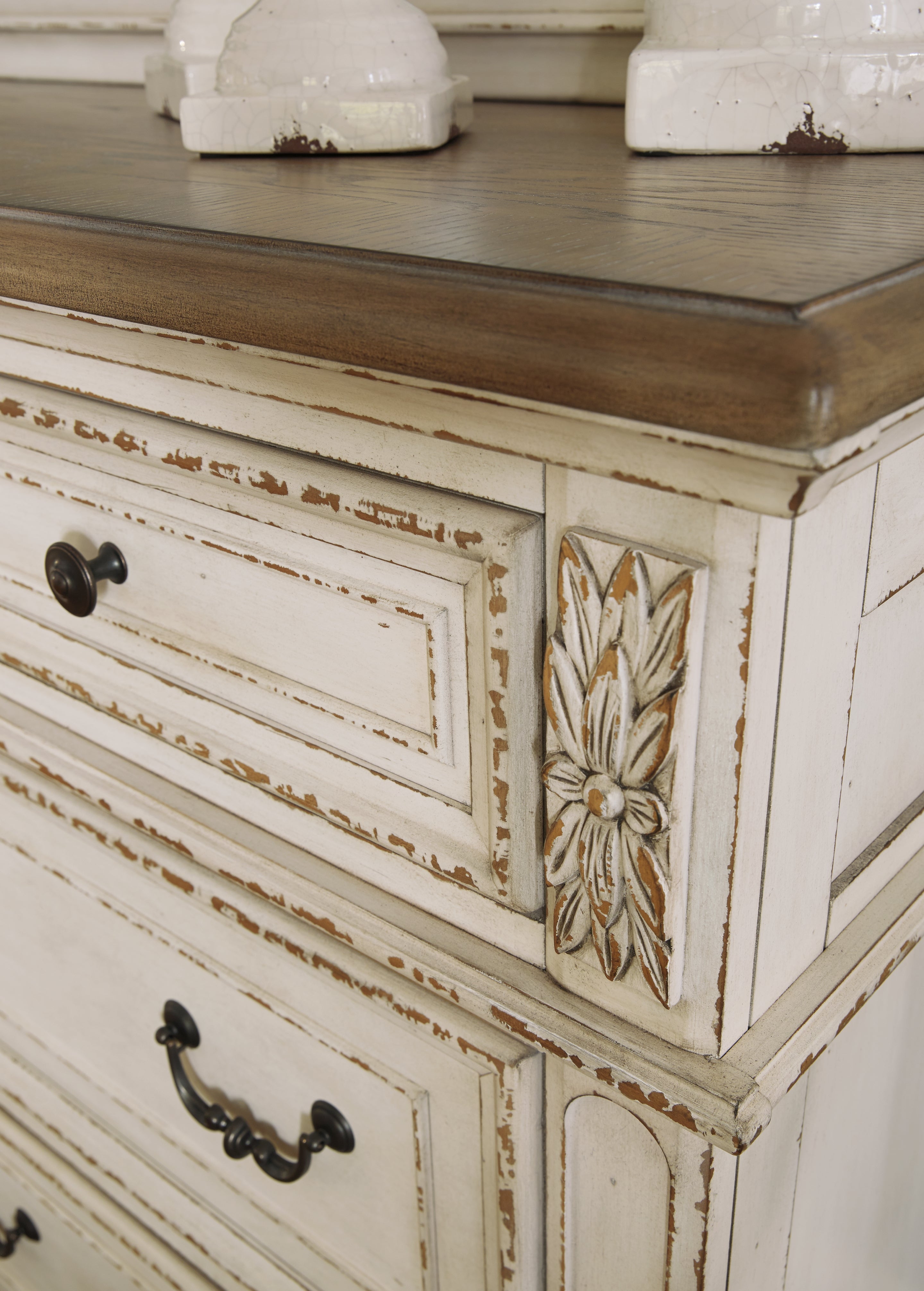 Realyn King Upholstered Panel Bed, Dresser, Mirror and Nightstand