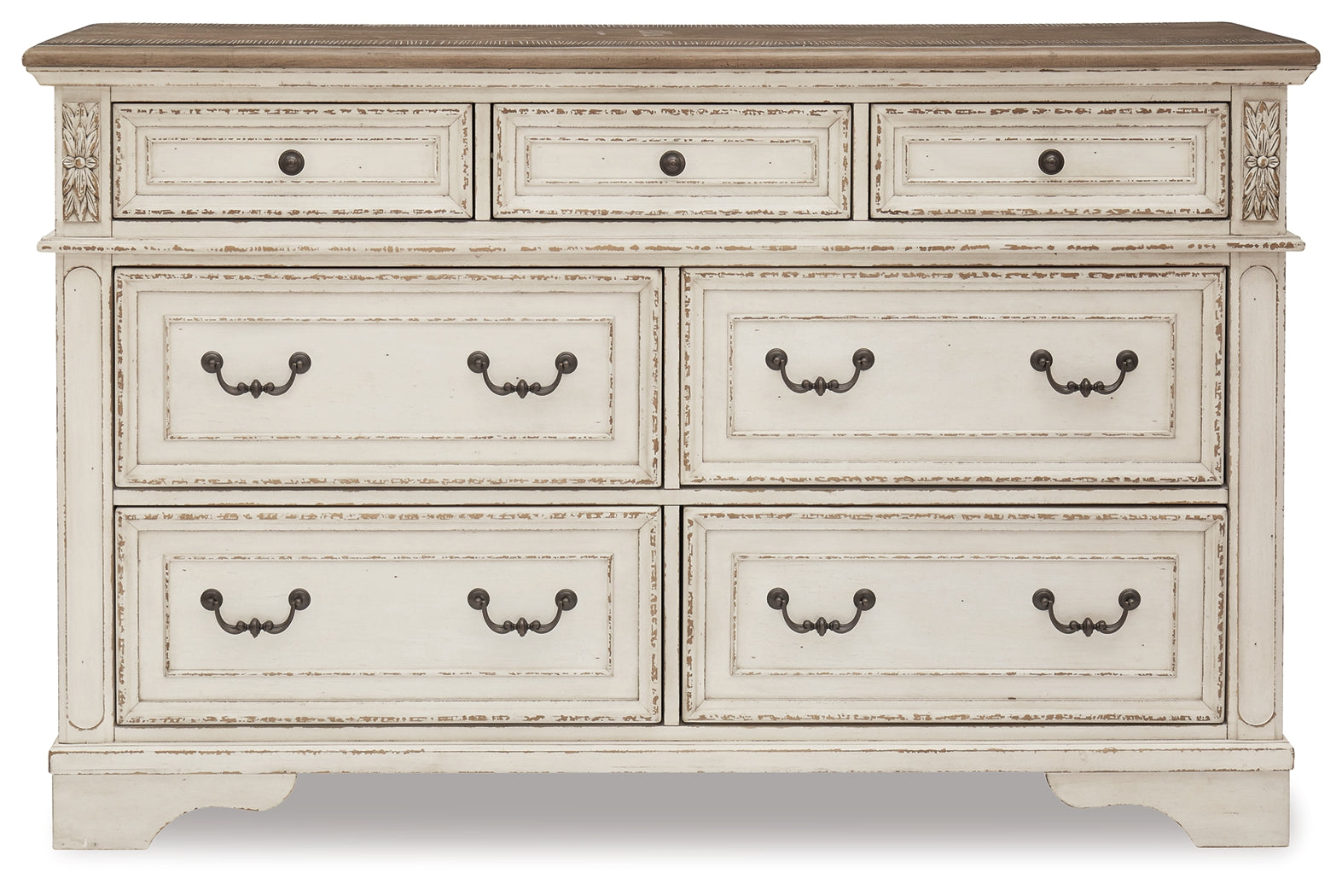 Realyn Queen Upholstery Panel Bed, Dresser, Chest, Nightstand, and Vanity Set