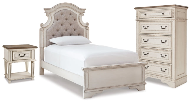 Realyn Twin Panel Bed, Chest and Nightstand