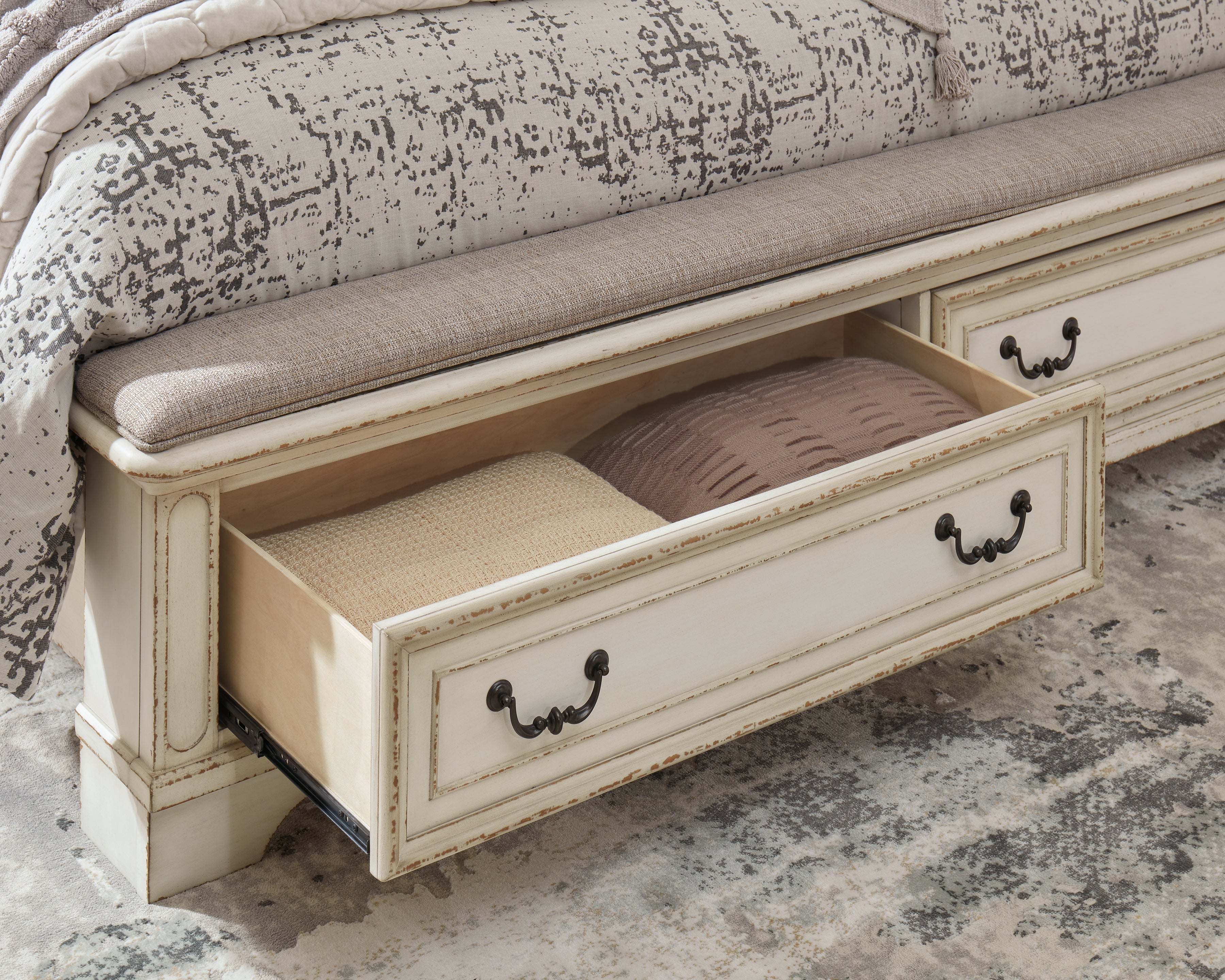 Realyn Queen Upholstery Panel Bed, Dresser, Chest, Nightstand, and Vanity Set