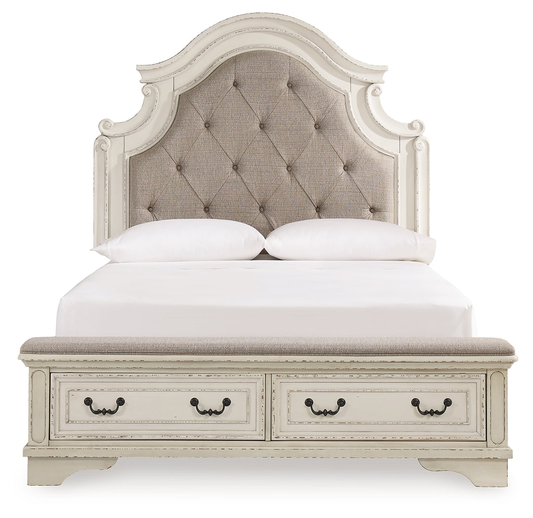 Realyn Queen Upholstery Panel Bed, Dresser, Chest, Nightstand, and Vanity Set
