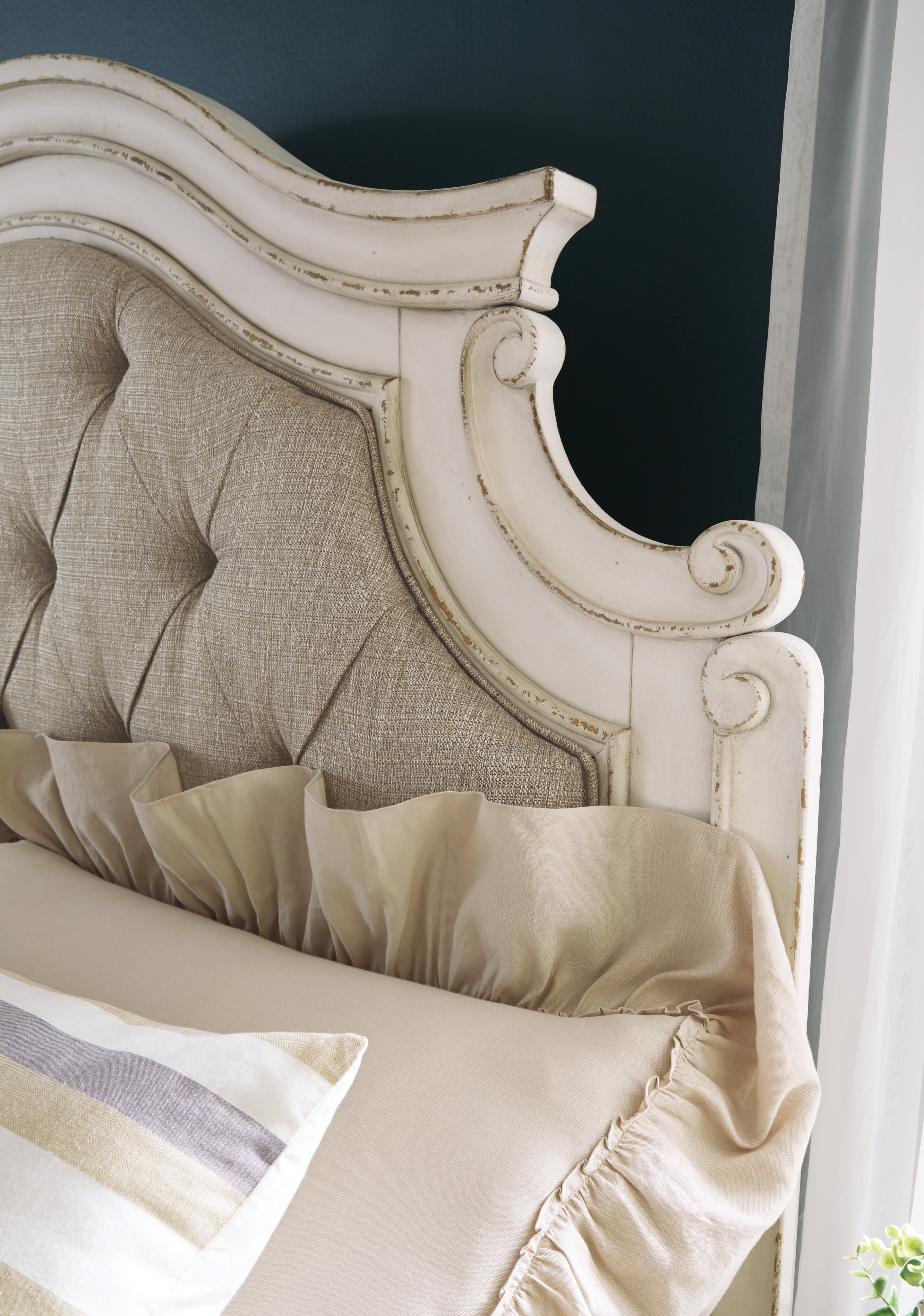 Realyn King Upholstered Panel Bed, Dresser, Mirror and Nightstand