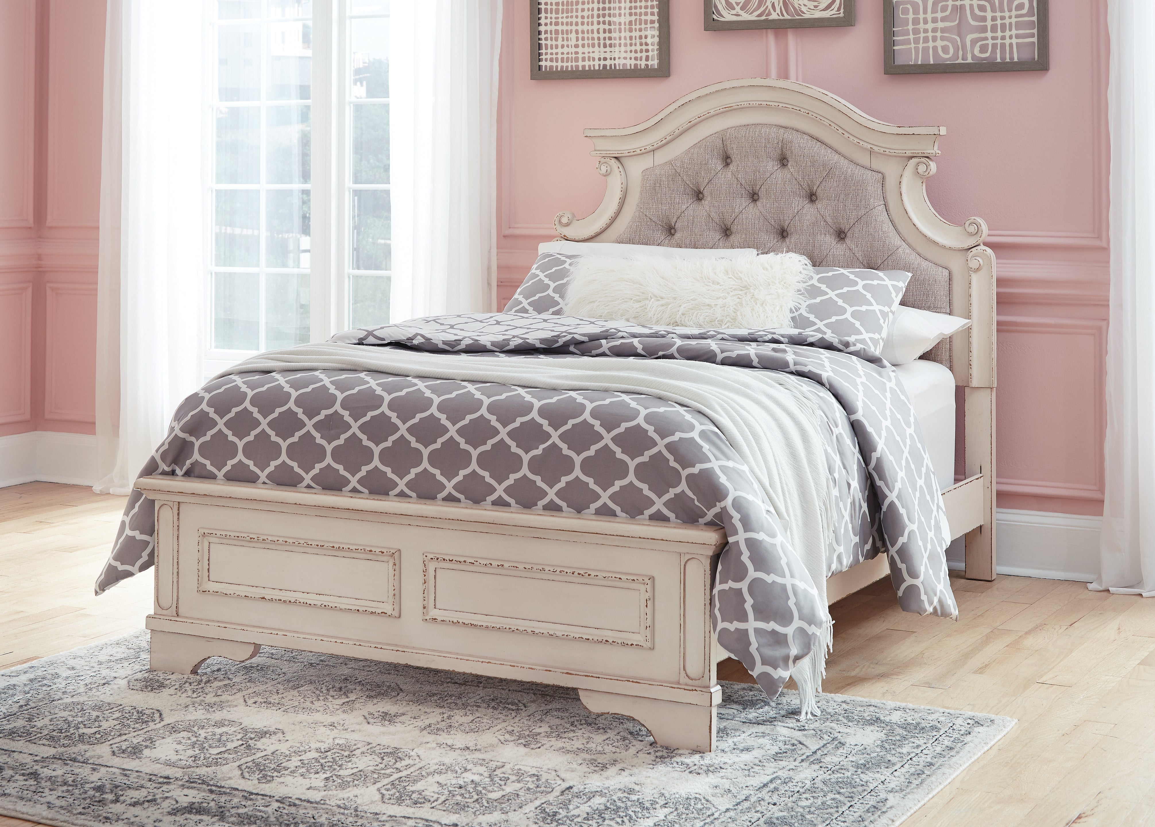 Realyn Full Upholstered Panel Bed, Dresser, Mirror, Chest and 2 Nightstands