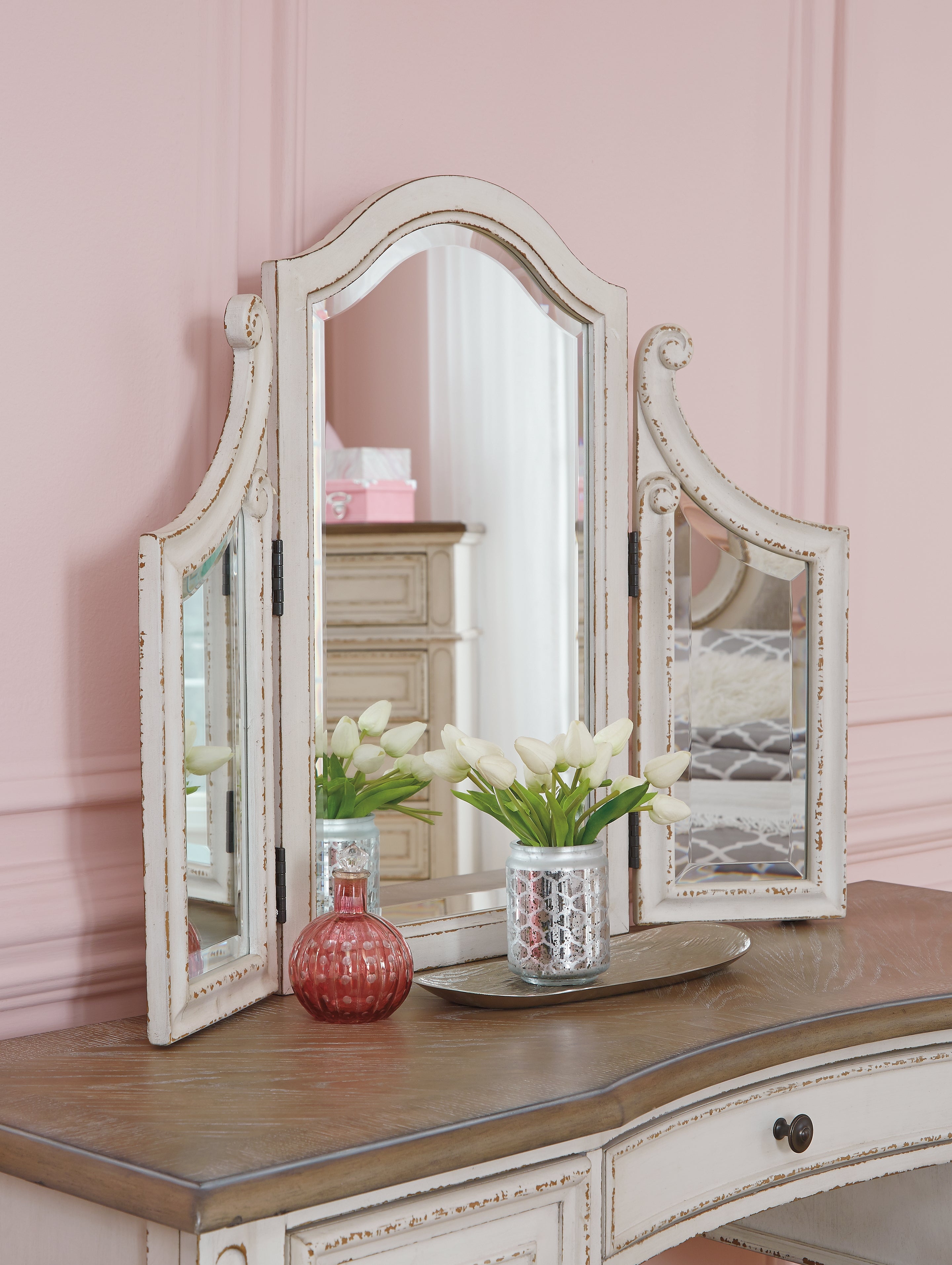 Realyn Queen Upholstery Panel Bed, Dresser, Chest, Nightstand, and Vanity Set