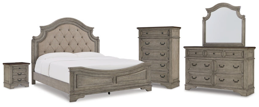 Lodenbay King Upholstered Panel Bed, Dresser, Mirror, Chest and Nightstand