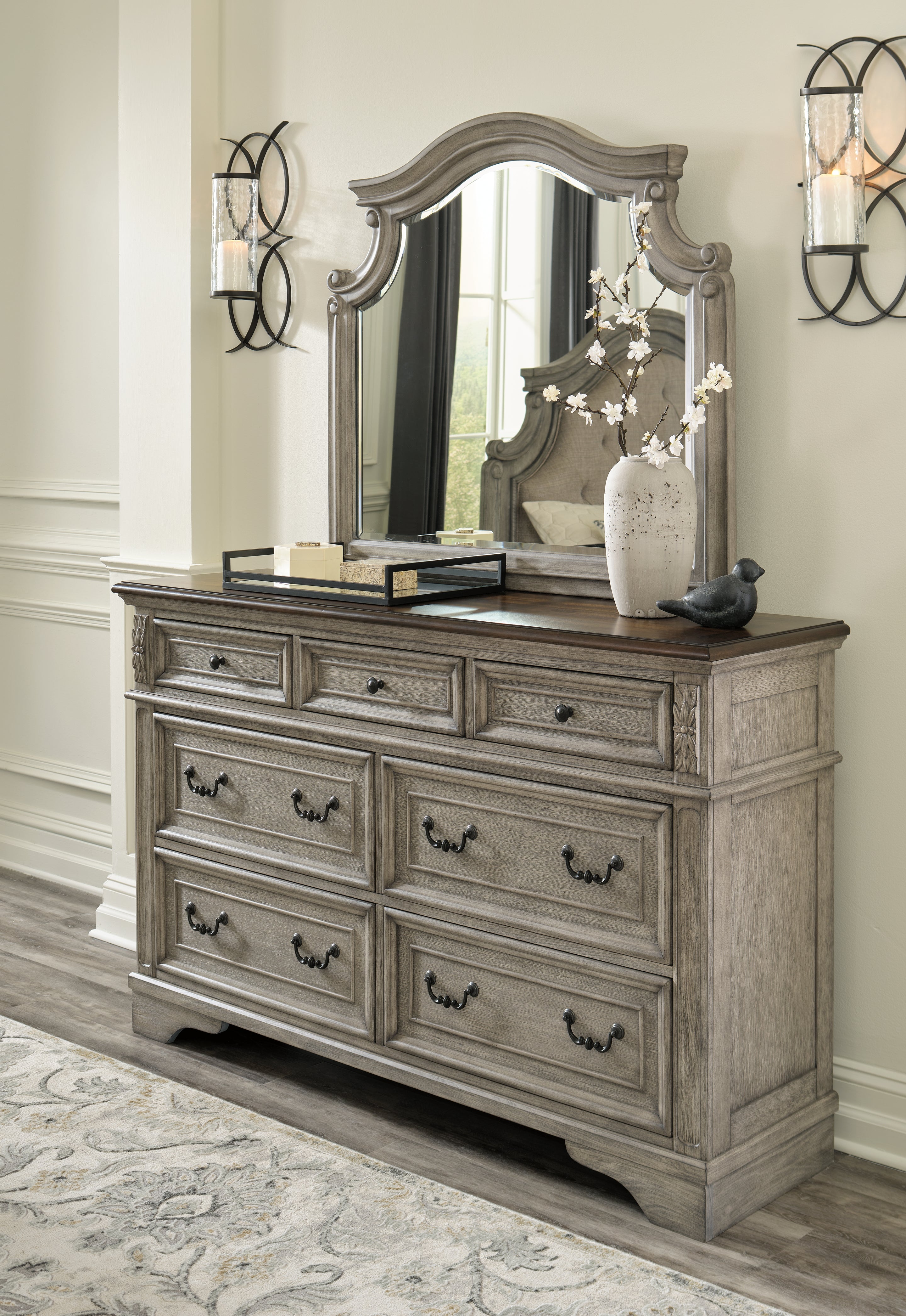 Lodenbay King Upholstered Panel Bed, Dresser, Mirror, Chest and Nightstand