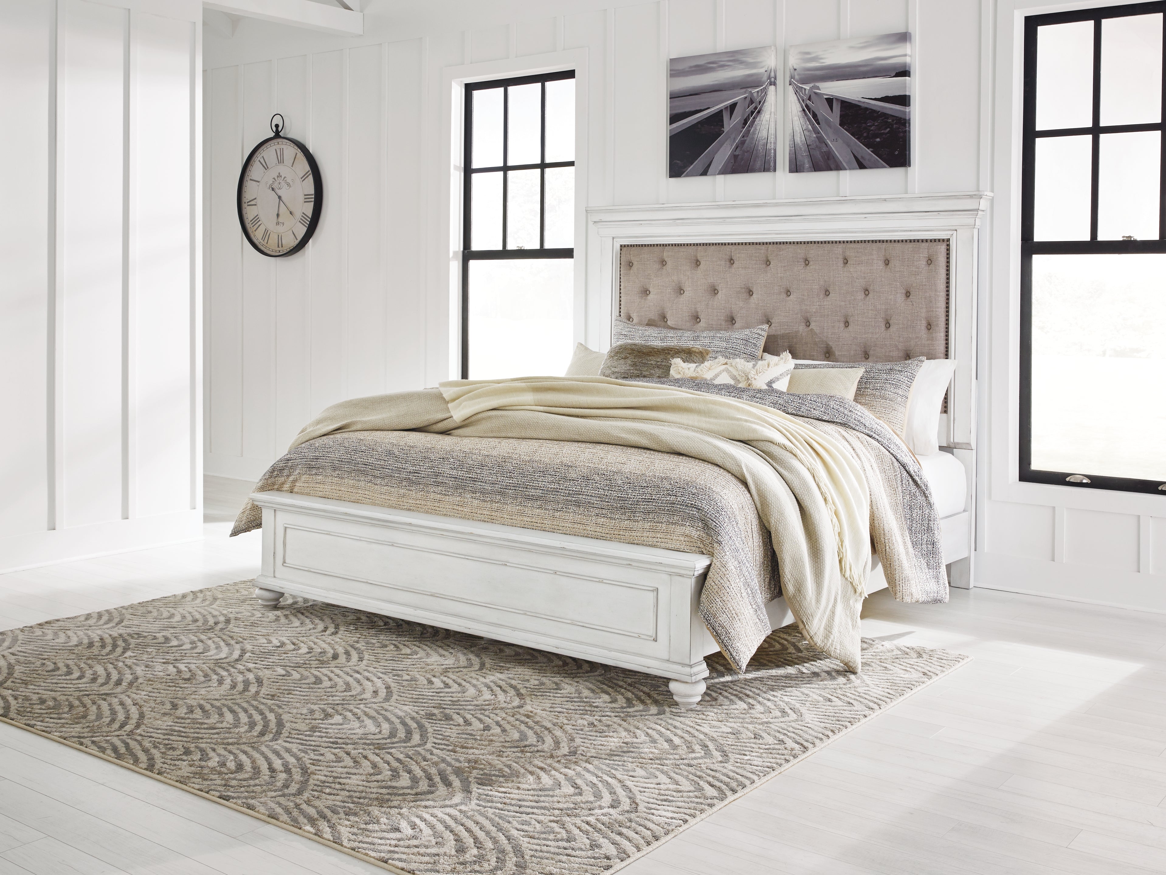 Kanwyn King Upholstered Panel Bed, Dresser and Nightstand