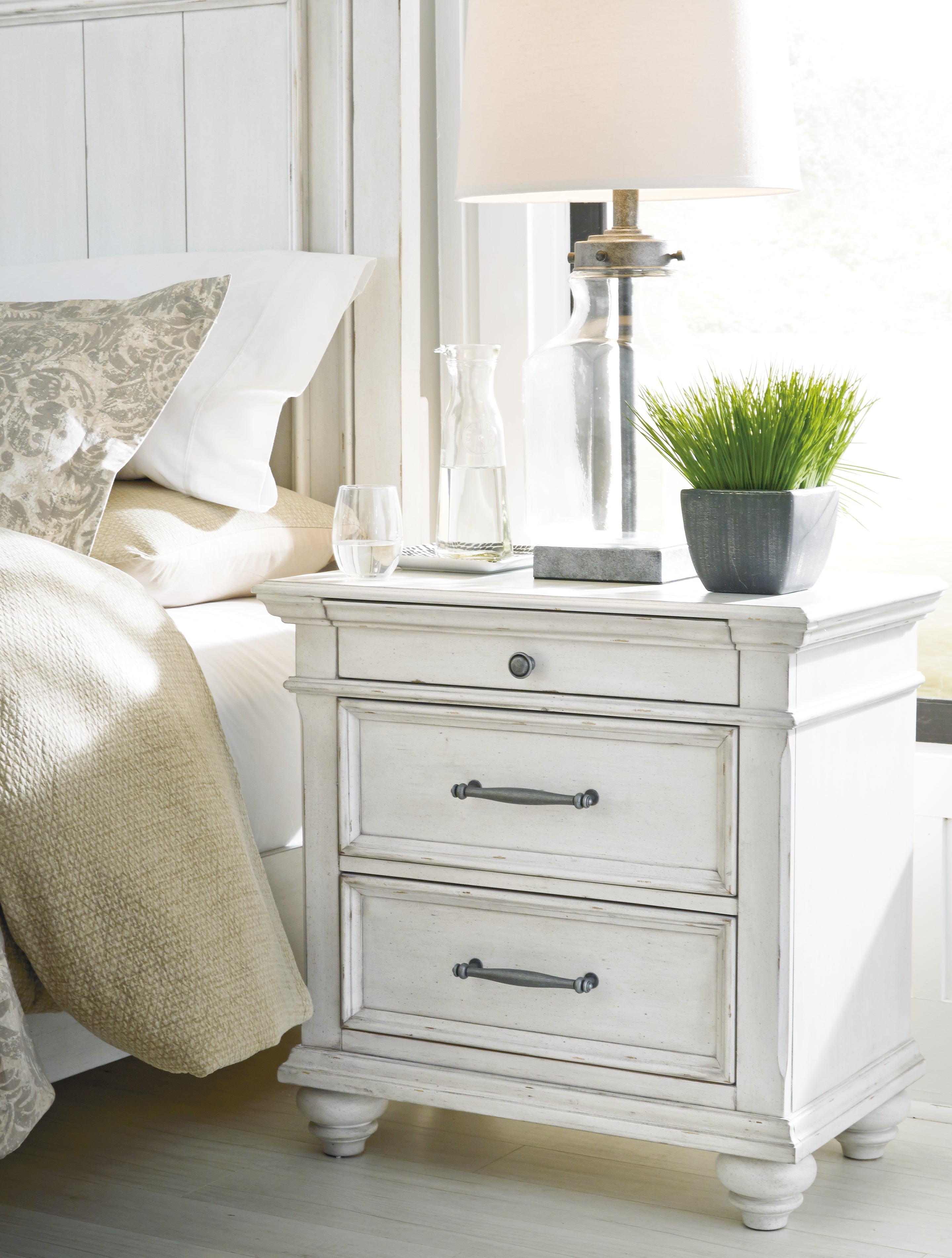 Kanwyn King Upholstered Panel Bed, Dresser and Nightstand