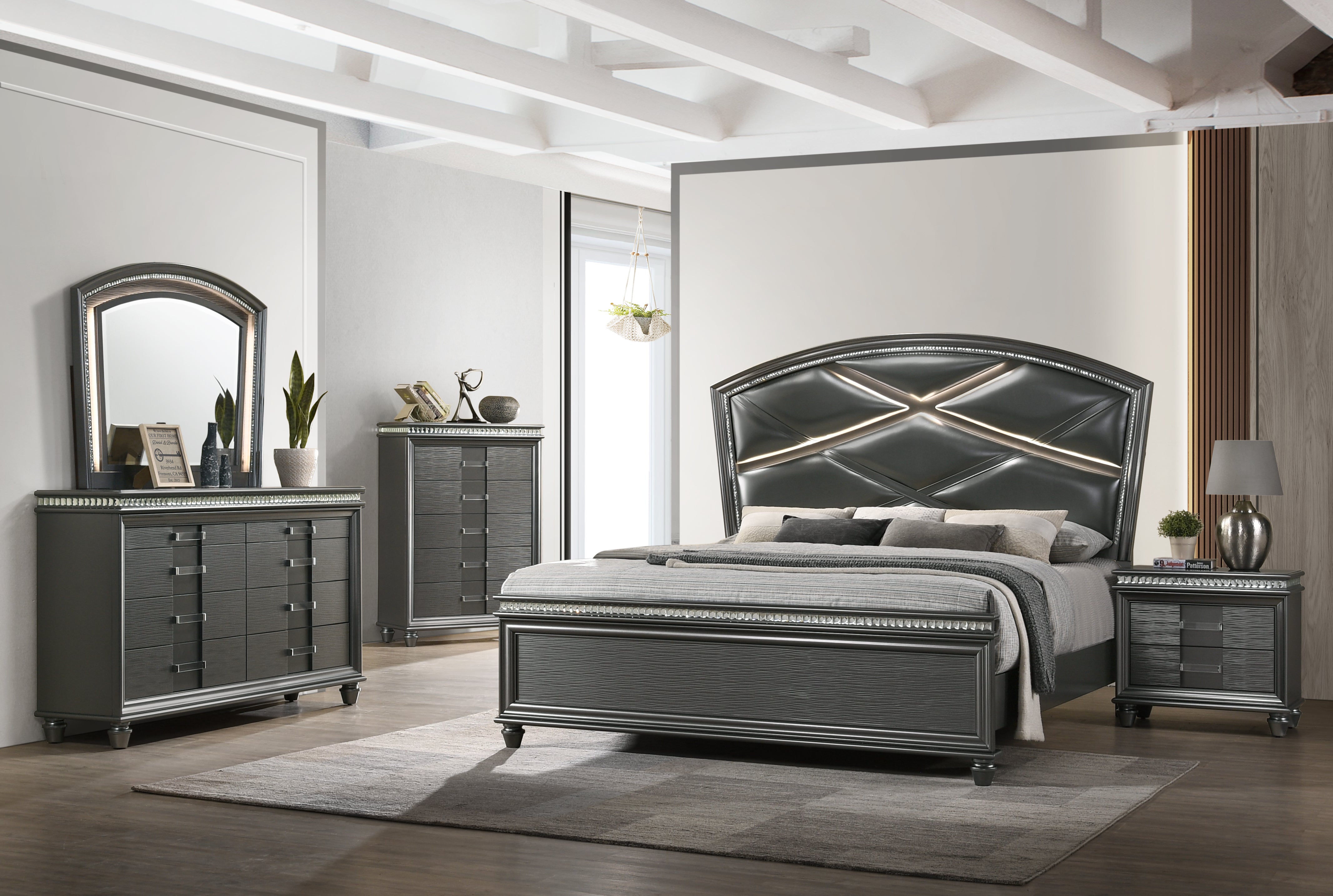 Adira Gray King LED Upholstered Panel Bed - MyWaynesHome #