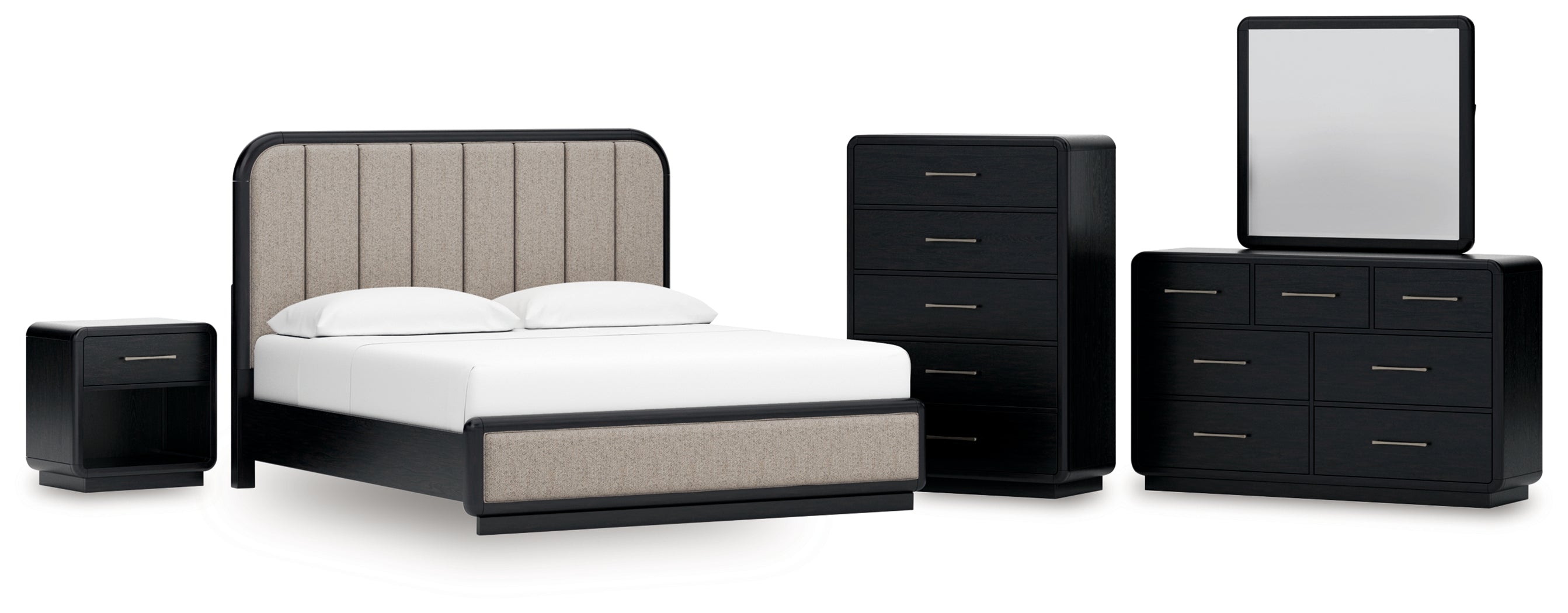 Rowanbeck King Panel Bed, Dresser, Mirror, Chest and Nightstand