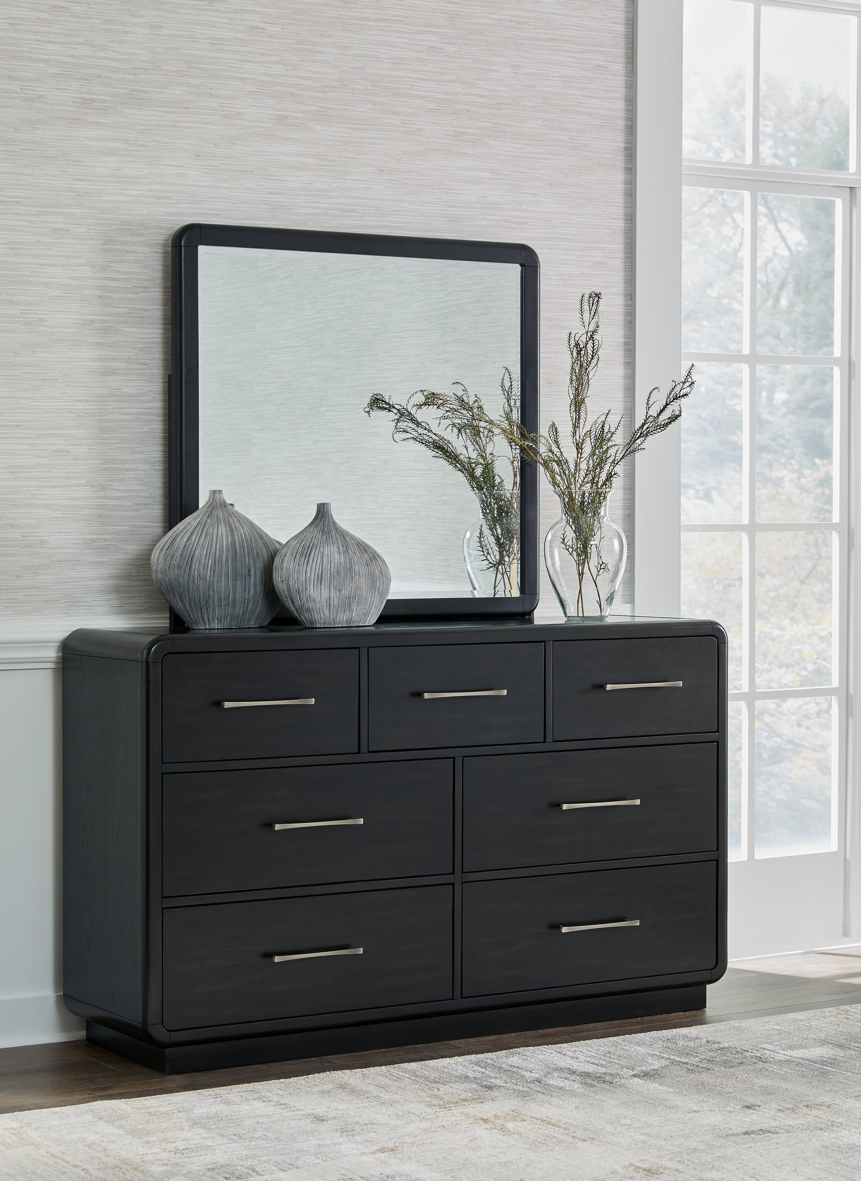 Rowanbeck King Panel Bed, Dresser, Mirror, Chest and Nightstand