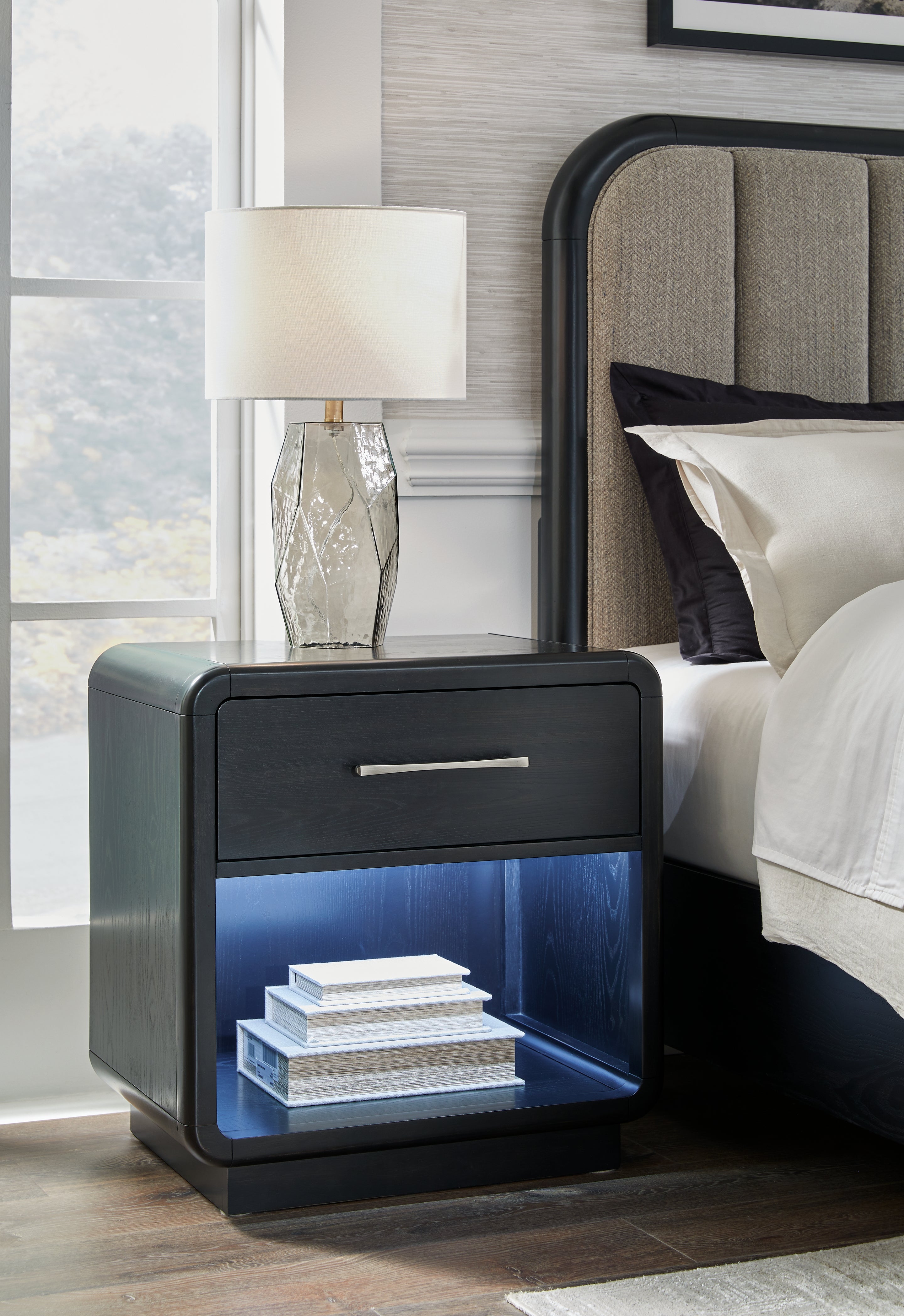 Rowanbeck King Panel Bed, Dresser, Mirror, Chest and Nightstand