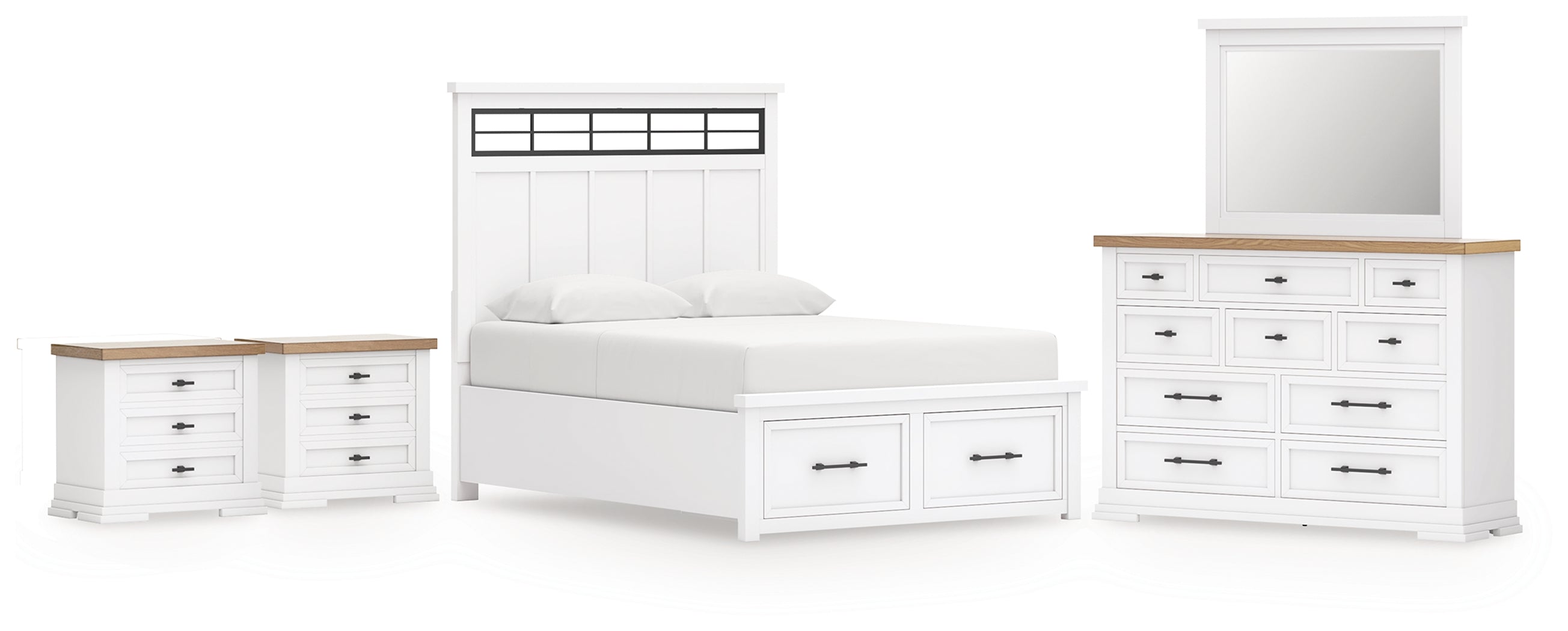 Ashbryn Queen Panel Storage Bed, Dresser, Mirror and 2 Nightstands