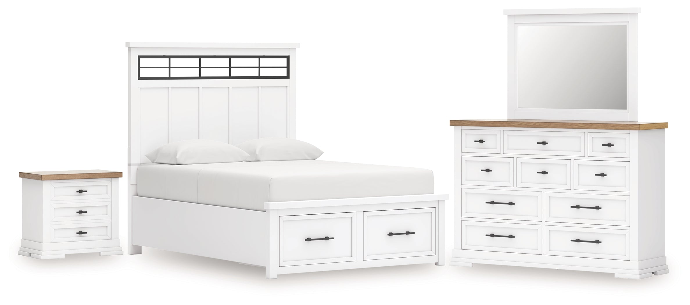 Ashbryn King Panel Storage Bed, Dresser, Mirror and Nightstand