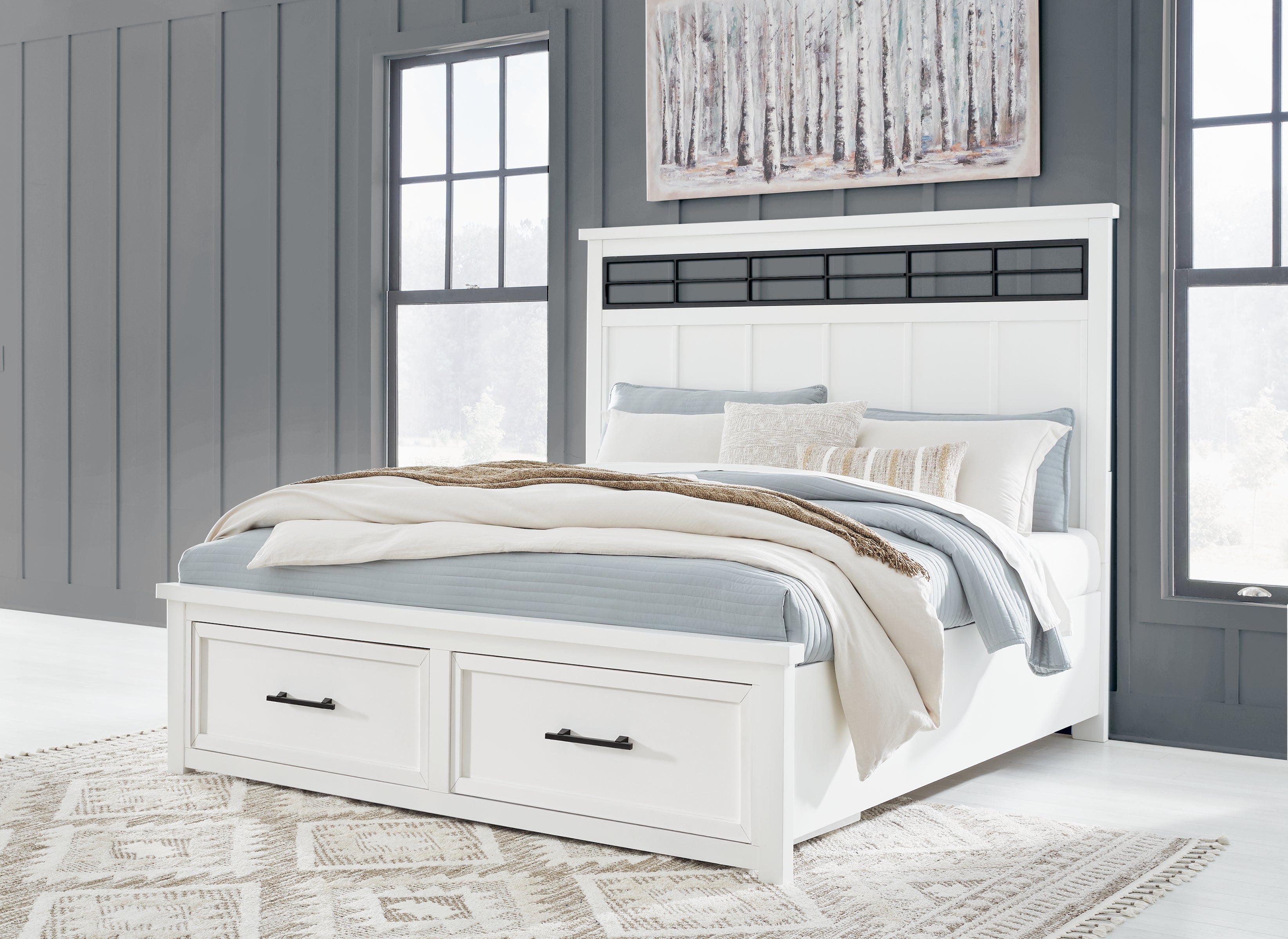 Ashbryn King Panel Storage Bed, Dresser, Mirror and Nightstand