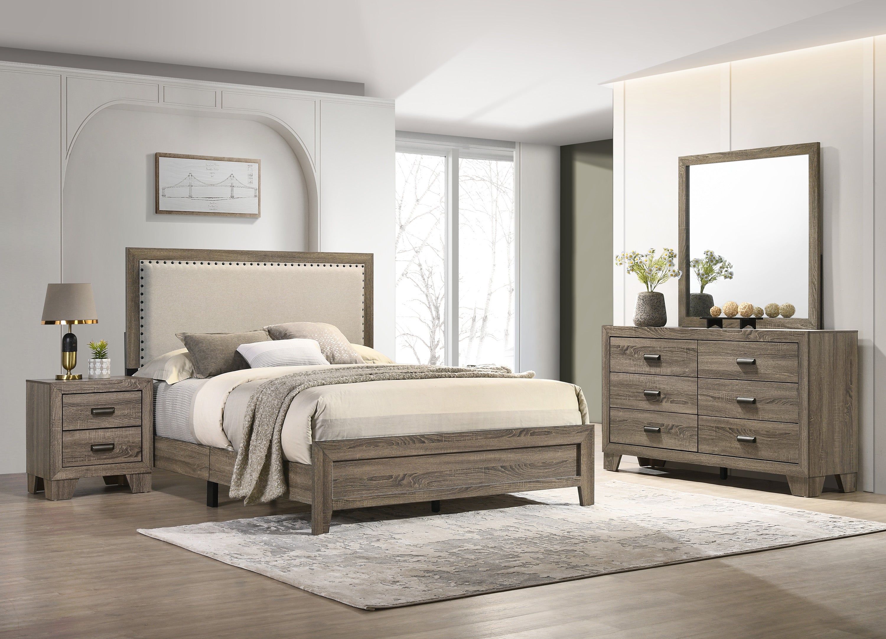 Mille Upholstered Bedroom Set - Brownish Gray - Queen / 3-Piece (Bed, Nightstand, and Chest) Mille Upholstered Bedroom Set - Brownish Gray - Queen / 3-Piece (Bed, Nightstand, and Chest)