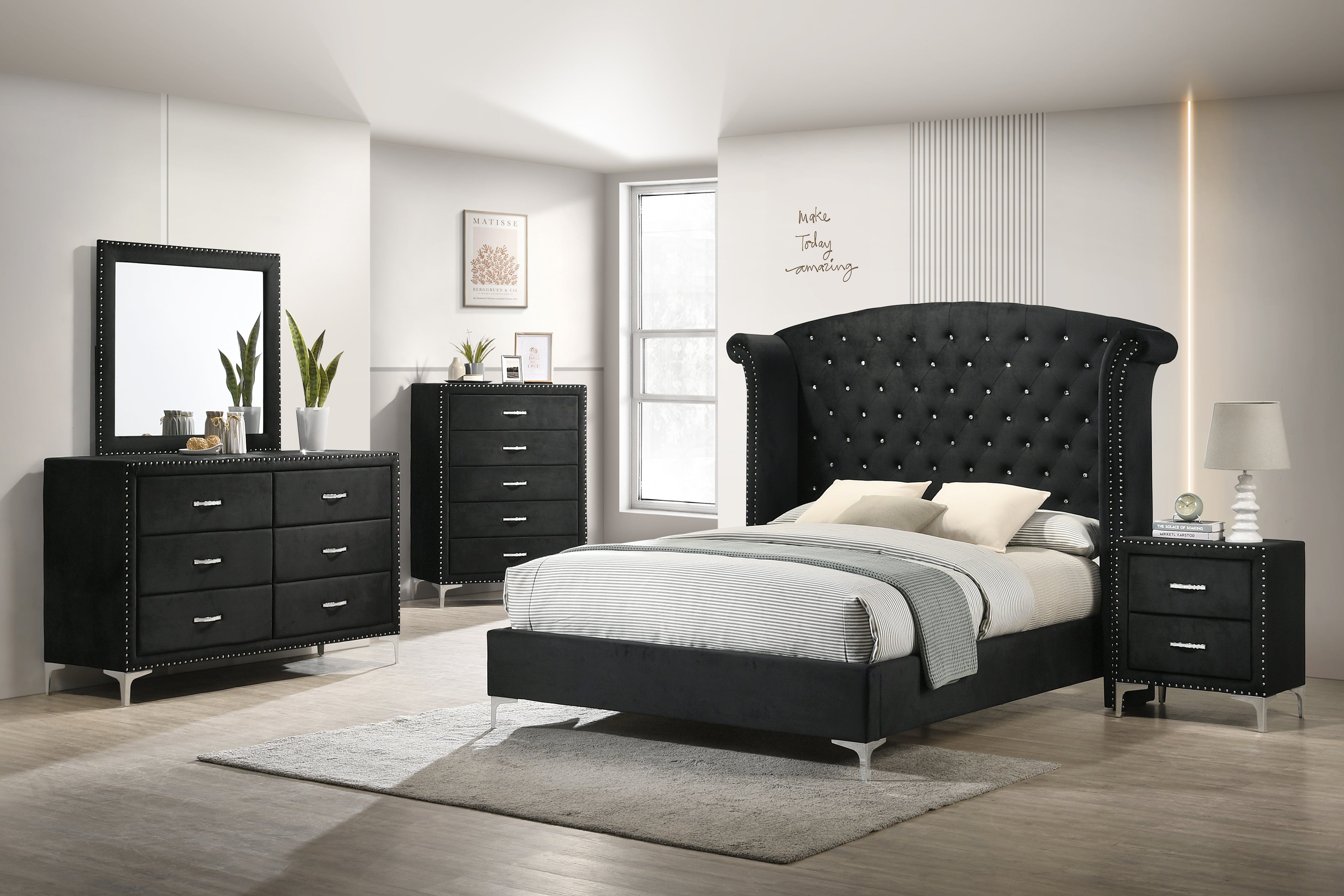 Lucinda Black King Upholstered Wingback Panel Bed - MyWaynesHome #