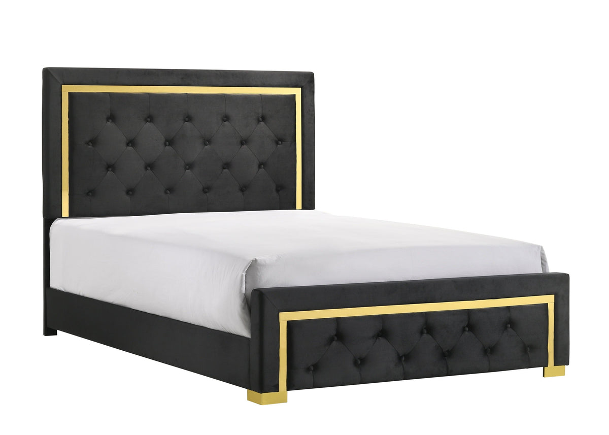Pepe Black/Gold Queen Panel Upholstered Bed - MyWaynesHome #