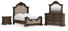 Maylee Queen Upholstered Panel Bed, Dresser, Mirror and Nightstand