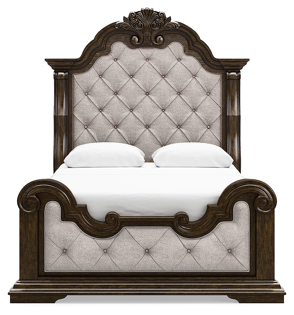 Maylee Queen Upholstered Panel Bed, Dresser, Mirror and Nightstand