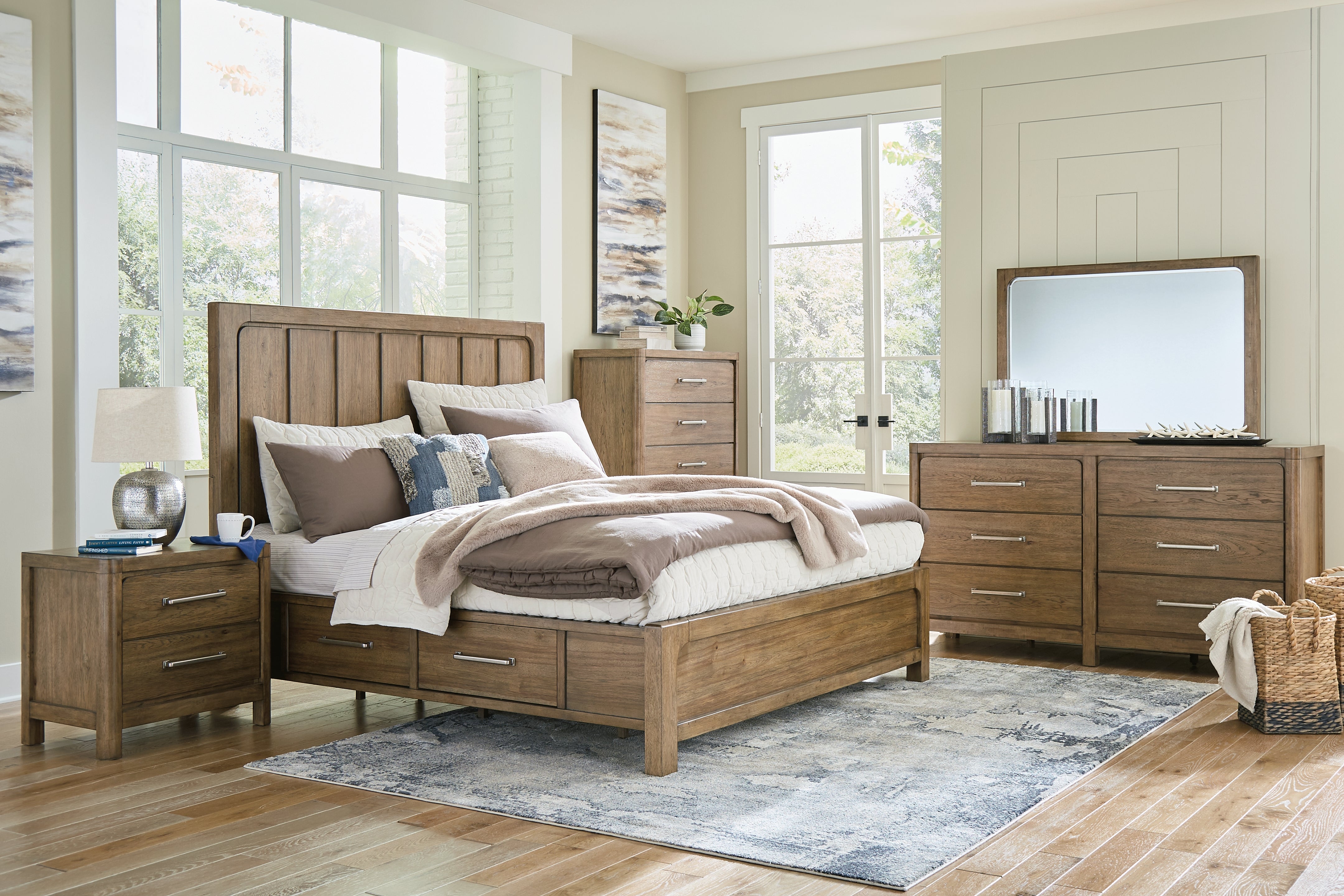 Cabalynn California King Panel Bed with Storage, Dresser and Mirror