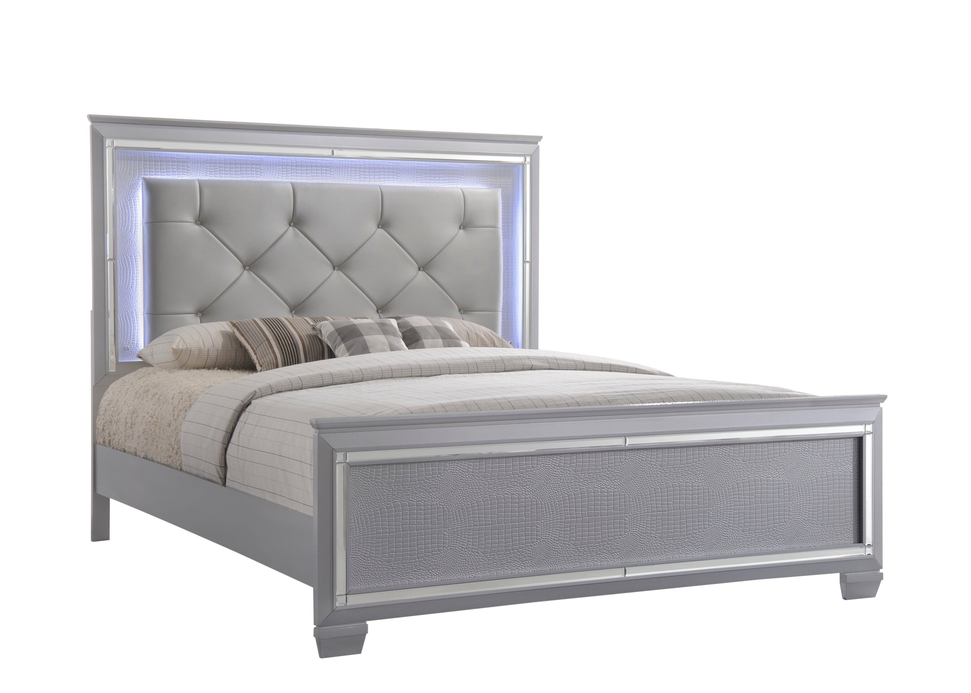 Lillian Silver King LED Upholestered Bed - MyWaynesHome #