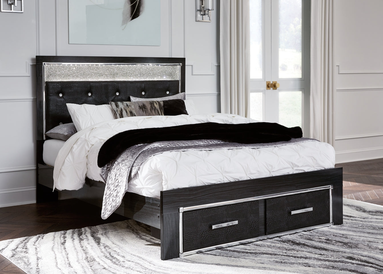 Kaydell Queen Upholstered Panel Storage Bed with Mirrored Dresser, Chest and 2 Nightstands - MyWaynesHome #