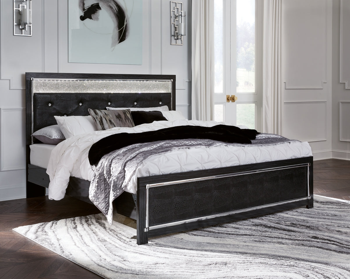 Kaydell King Upholstered Panel Platform Bed with Mirrored Dresser - MyWaynesHome #