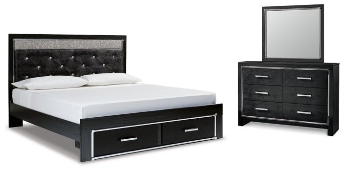 Kaydell King Upholstered Panel Storage Platform Bed with Mirrored Dresser - MyWaynesHome #