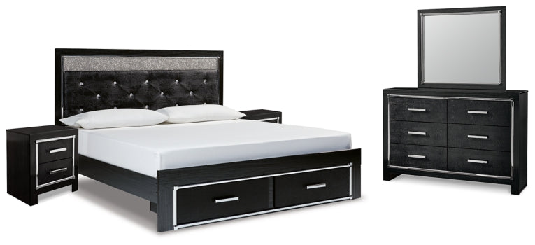 Kaydell King Upholstered Panel Storage Bed with Mirrored Dresser and 2 Nightstands - MyWaynesHome #