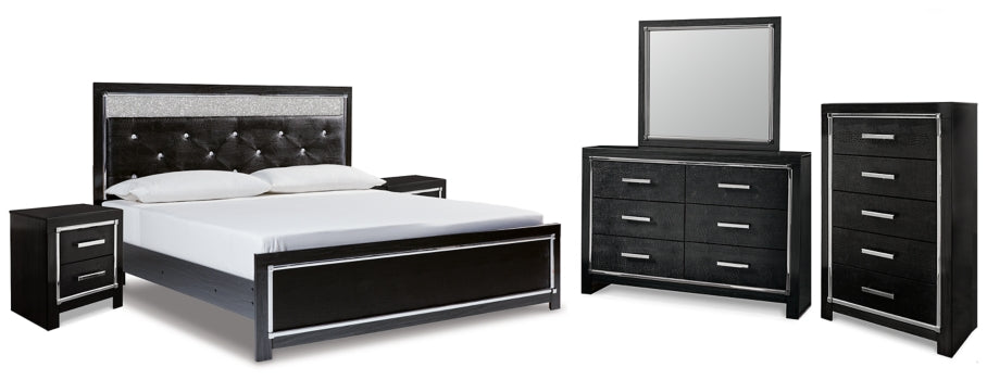 Kaydell King Upholstered Panel Platform Bed with Mirrored Dresser, Chest and 2 Nightstands - MyWaynesHome #