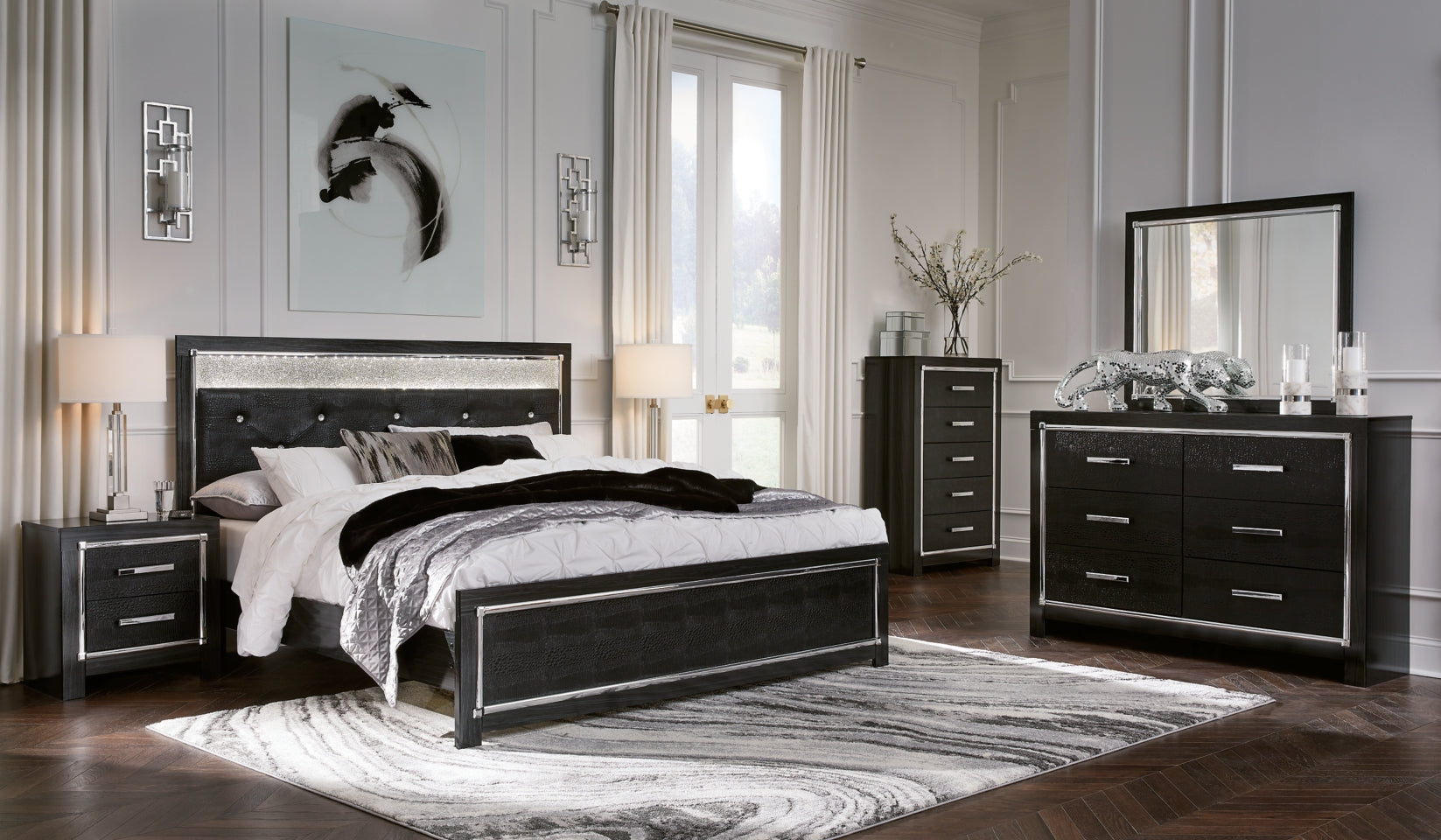 Kaydell King Upholstered Panel Platform Bed with Mirrored Dresser, Chest and 2 Nightstands - MyWaynesHome #