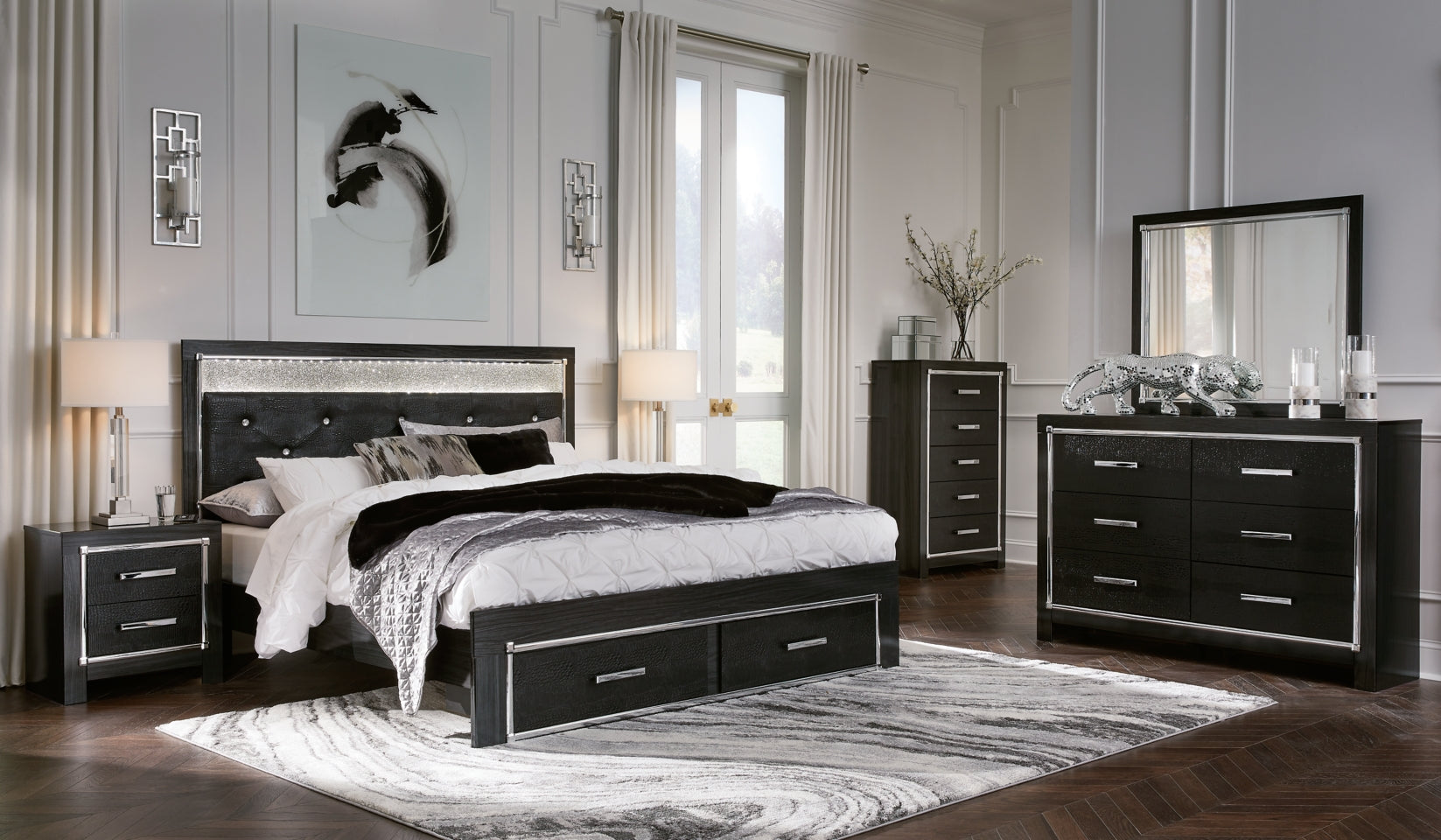 Kaydell King Upholstered Panel Storage Bed with Mirrored Dresser, Chest and Nightstand - MyWaynesHome #