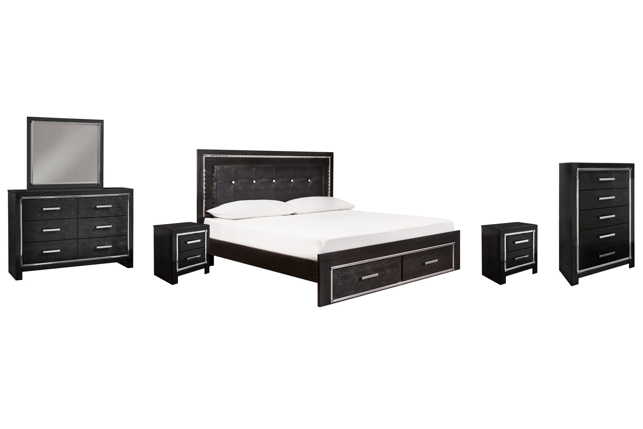 Kaydell King Panel Bed with Storage with Mirrored Dresser, Chest and 2 Nightstands - MyWaynesHome #