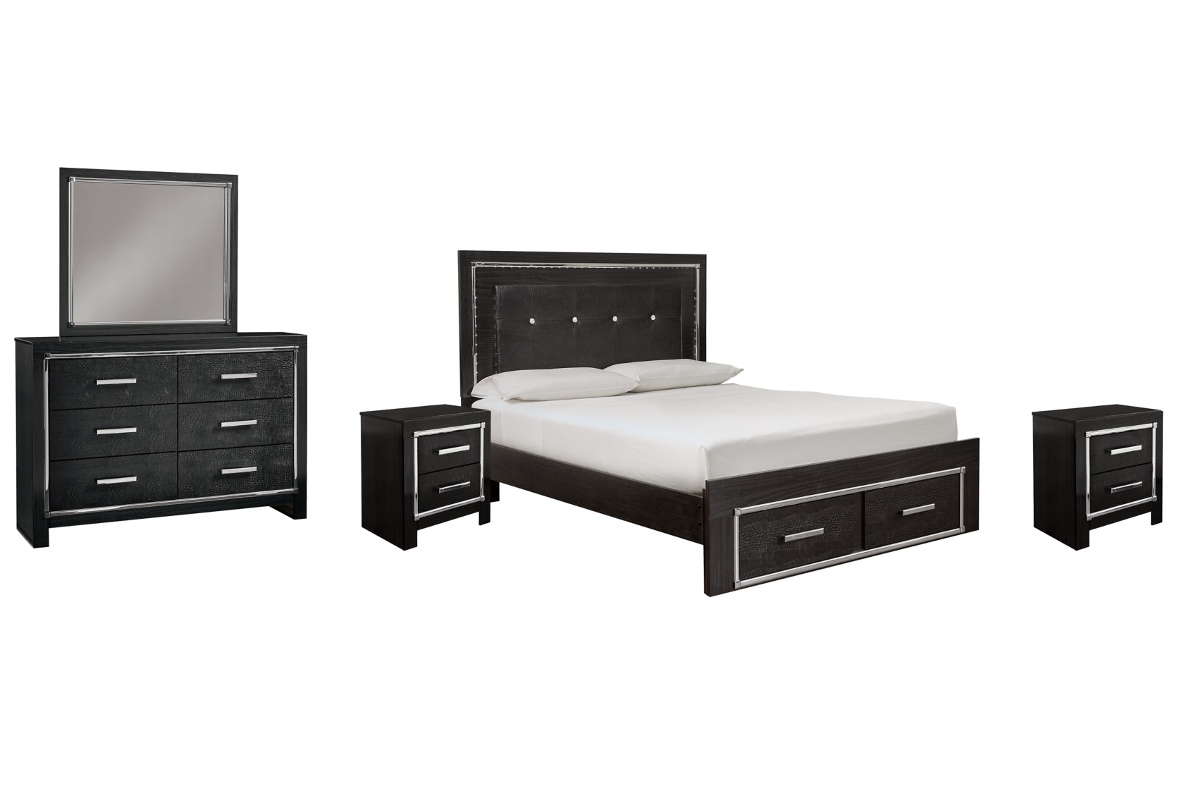 Kaydell Queen Panel Bed with Storage with Mirrored Dresser and 2 Nightstands - MyWaynesHome #