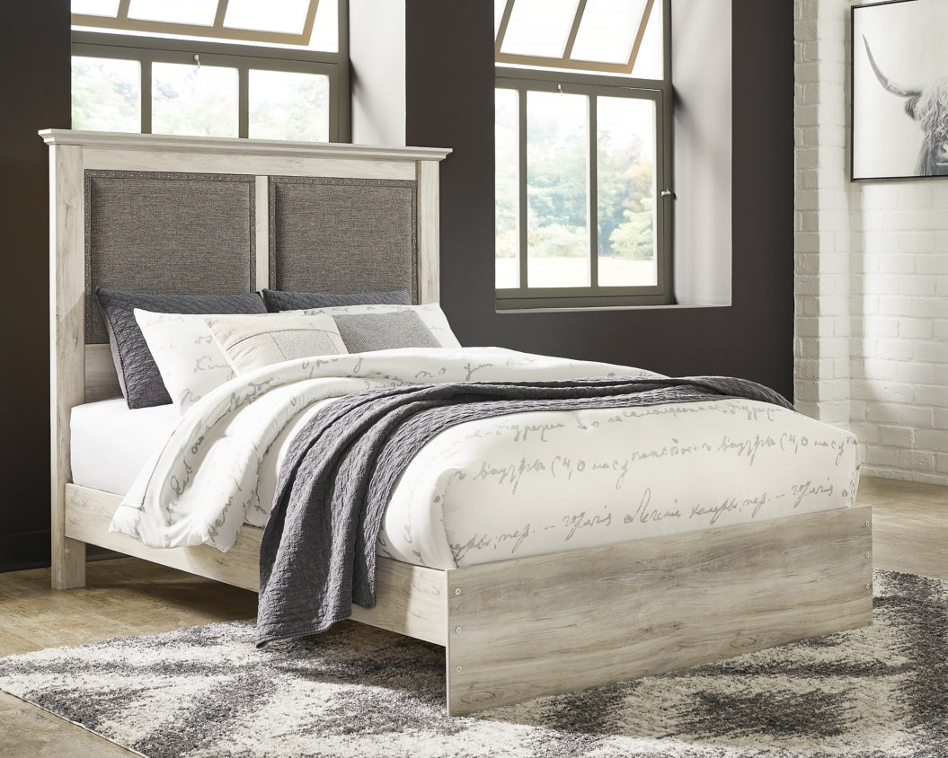 Cambeck King Upholstered Panel Bed with Mirrored Dresser - MyWaynesHome #