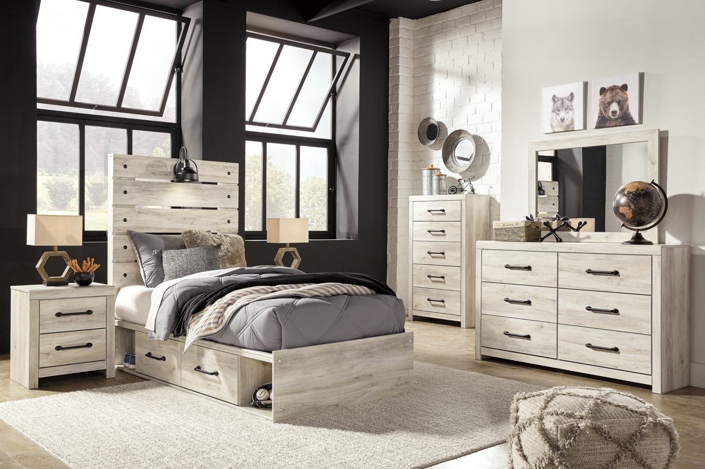 Cambeck Twin Panel Bed with 2 Storage Drawers with Mirrored Dresser, Chest and Nightstand - MyWaynesHome #