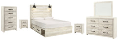 Cambeck Queen Panel Bed with 4 Storage Drawers with Mirrored Dresser, Chest and 2 Nightstands