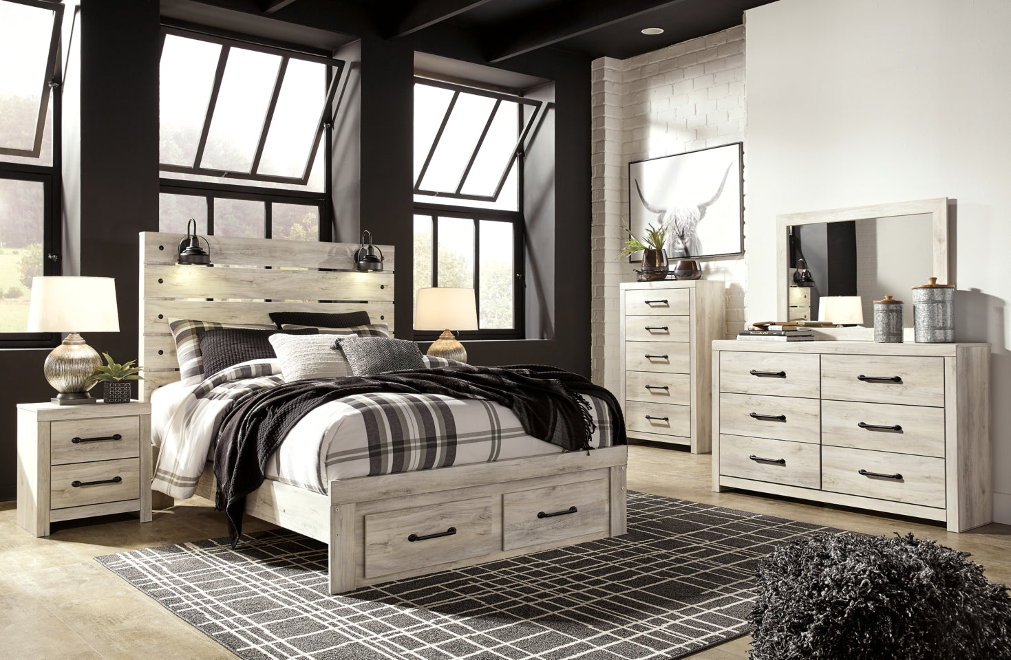 Cambeck King Panel Bed with 2 Storage Drawers with Mirrored Dresser, Chest and 2 Nightstands - MyWaynesHome #