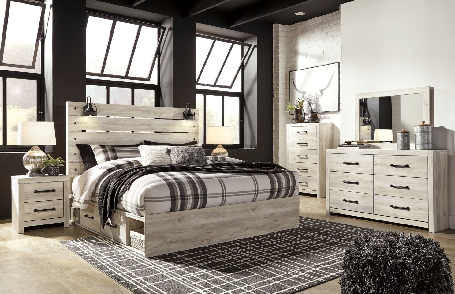 Cambeck Full Panel Bed with 4 Storage Drawers with Mirrored Dresser, Chest and 2 Nightstands - MyWaynesHome #