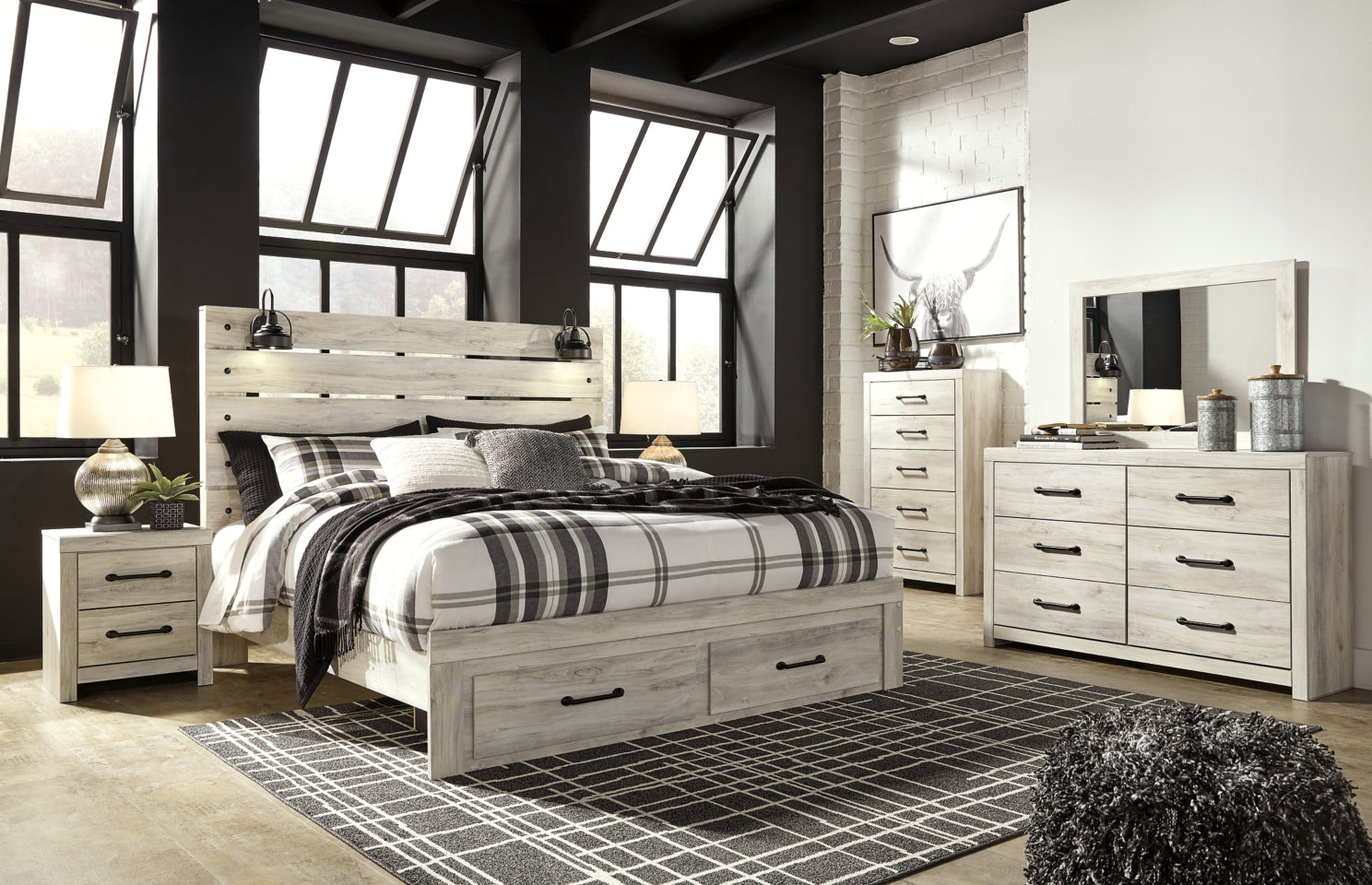 Cambeck King Panel Bed with 2 Storage Drawers with Mirrored Dresser, Chest and 2 Nightstands - MyWaynesHome #