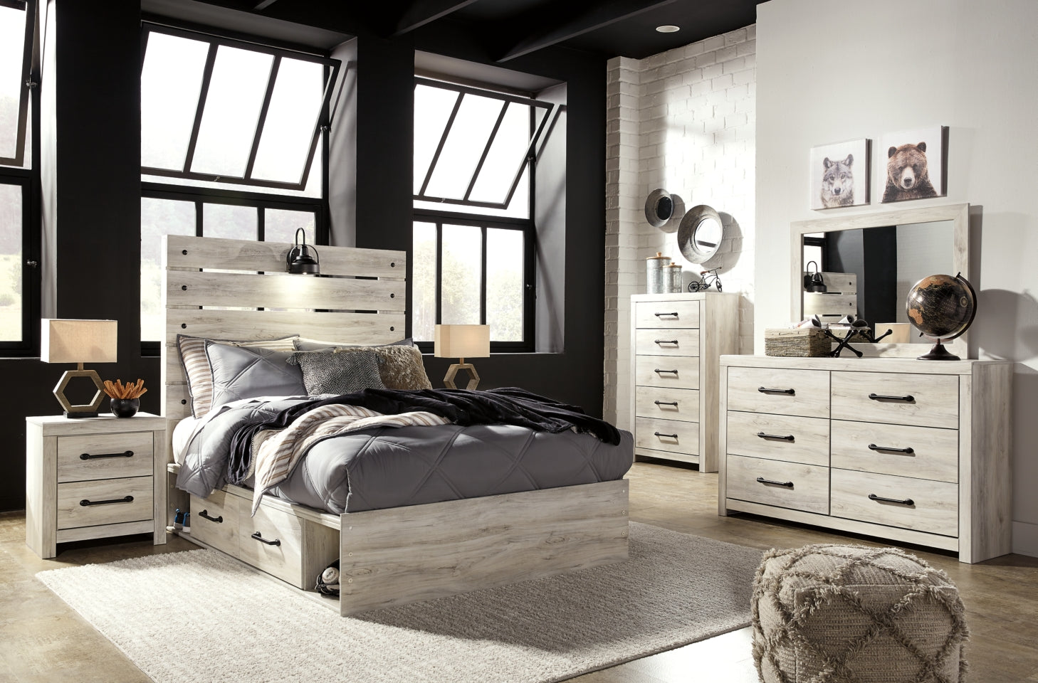 Cambeck Full Panel Bed with 4 Storage Drawers with Mirrored Dresser, Chest and 2 Nightstands - MyWaynesHome #