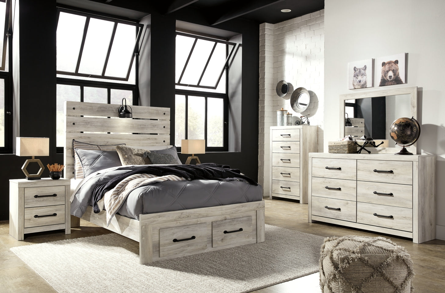 Cambeck King Panel Bed with 2 Storage Drawers with Mirrored Dresser, Chest and 2 Nightstands - MyWaynesHome #