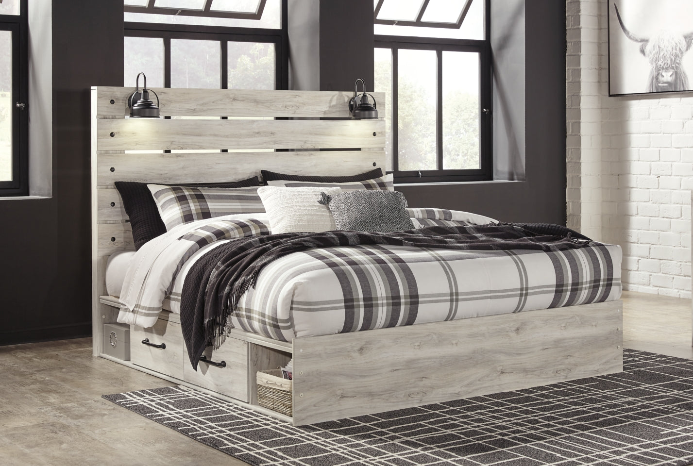 Cambeck King Panel Bed with 2 Storage Drawers with Mirrored Dresser and Chest - MyWaynesHome #