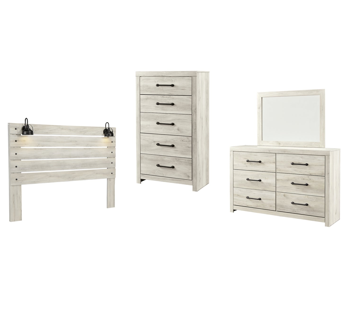 Cambeck King Panel Headboard Bed with Mirrored Dresser and Chest