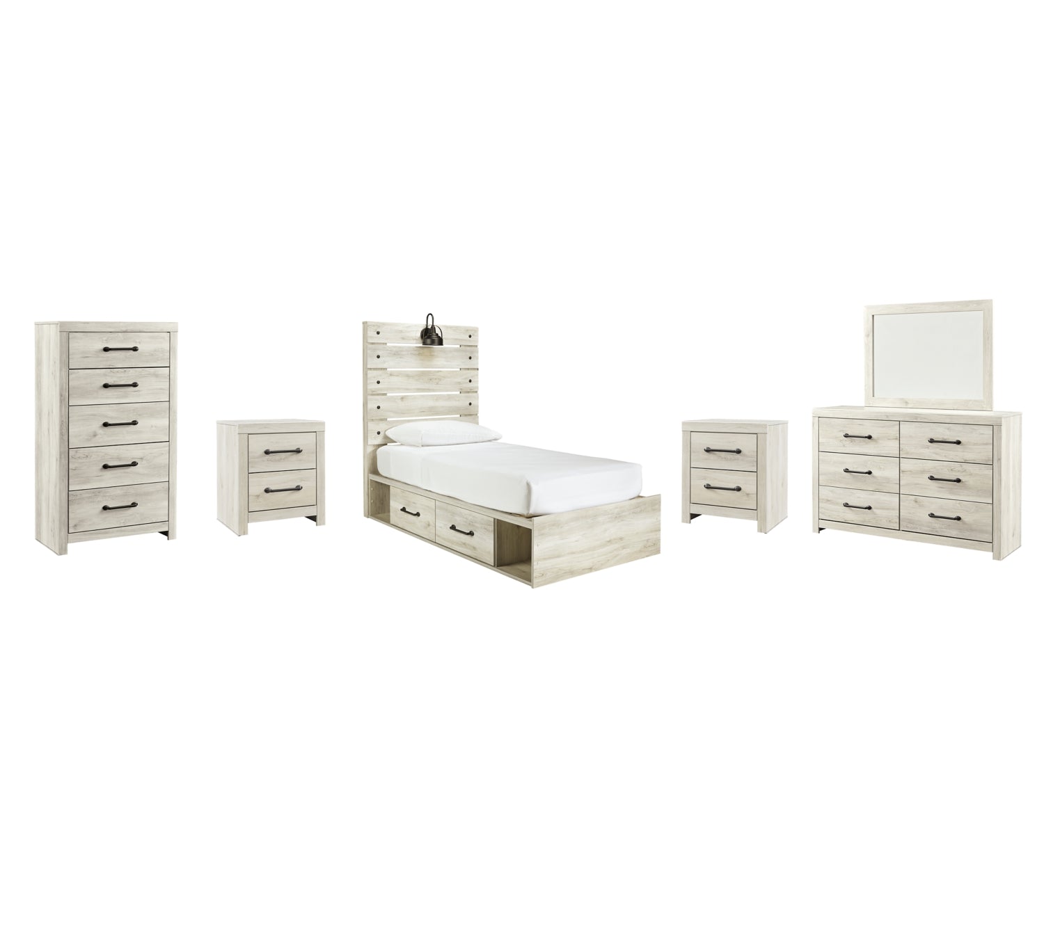 Cambeck Twin Panel Bed with 2 Storage Drawers with Mirrored Dresser, Chest and 2 Nightstands - MyWaynesHome #