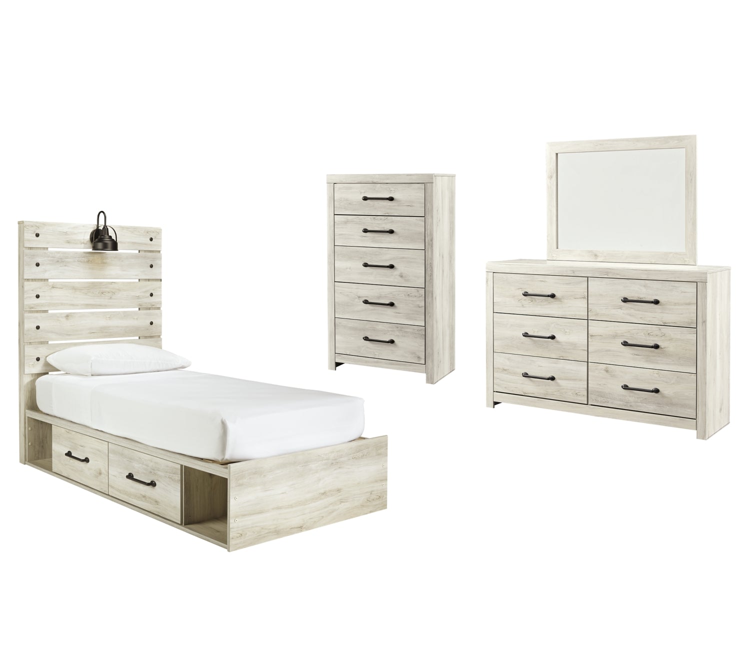 Cambeck Twin Panel Bed with 2 Storage Drawers with Mirrored Dresser and Chest - MyWaynesHome #